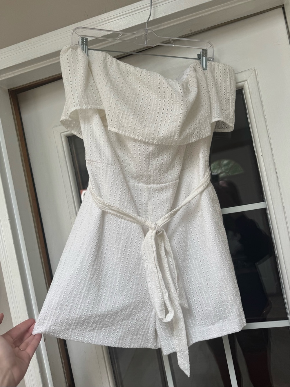 NWT Bar III White Eyelet Ruffle Off the Shoulder Romper with Waist Tie 14